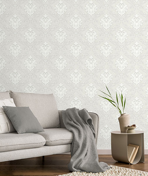 Purchase M95657 Brewster Wallpaper, Florentine White Damask - Medley12