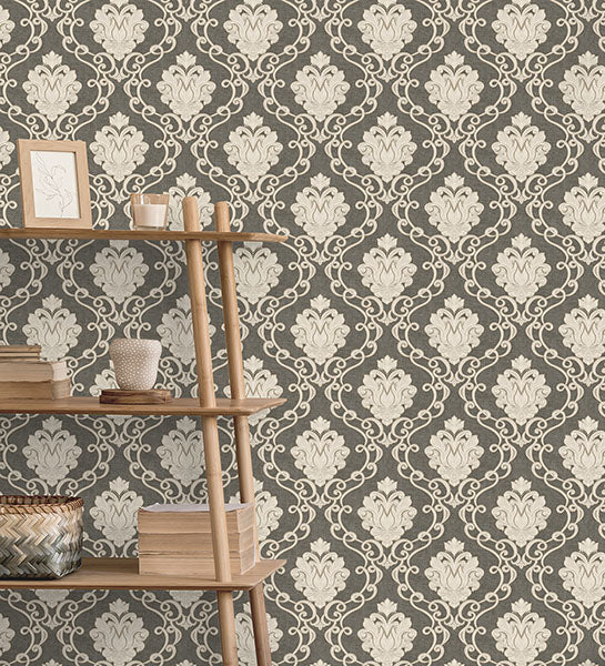 Purchase M95660 Brewster Wallpaper, Florentine Charcoal Damask - Medley1