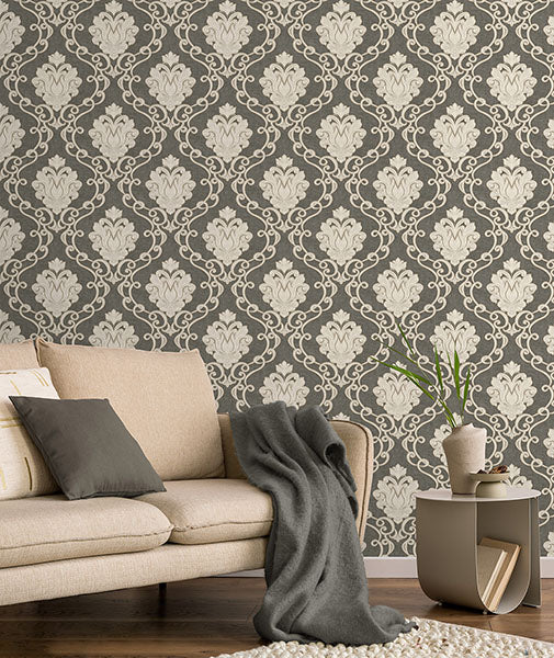 Purchase M95660 Brewster Wallpaper, Florentine Charcoal Damask - Medley12