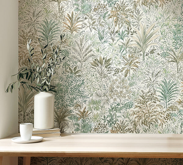 Purchase M95676 Brewster Wallpaper, Meilani Green Palm Landscape - Medley1