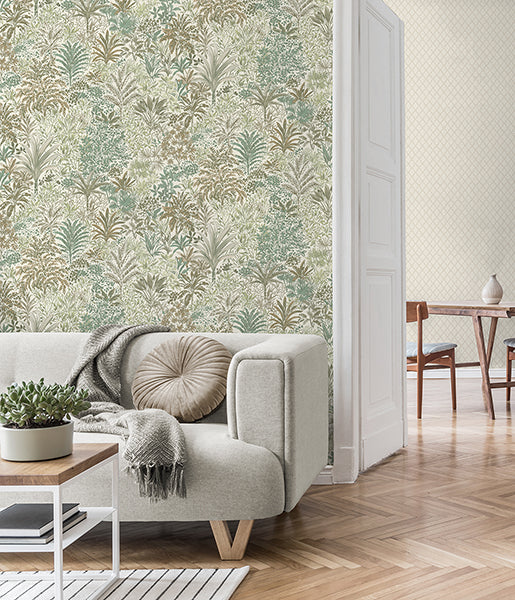 Purchase M95676 Brewster Wallpaper, Meilani Green Palm Landscape - Medley12