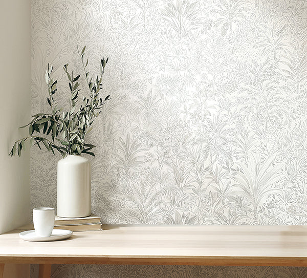 Purchase M95677 Brewster Wallpaper, Meilani White & Silver Palm Landscape - Medley1
