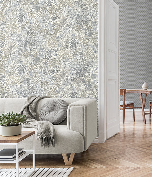 Purchase M95678 Brewster Wallpaper, Meilani Natural & Grey Palm Landscape - Medley12