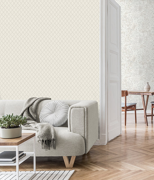 Purchase M95680 Brewster Wallpaper, Santina White & Silver Trellis - Medley12