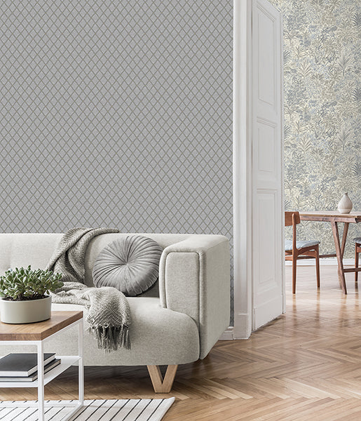 Purchase M95681 Brewster Wallpaper, Santina Natural & Grey Trellis - Medley12