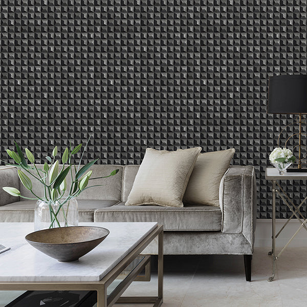 Purchase M95682 Brewster Wallpaper, Romero Black 3D Geometric - Medley12