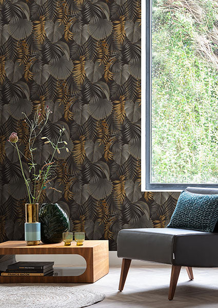 Purchase RH462043 Brewster Wallpaper, Valdivi Black Palm Fronds - Rasch1