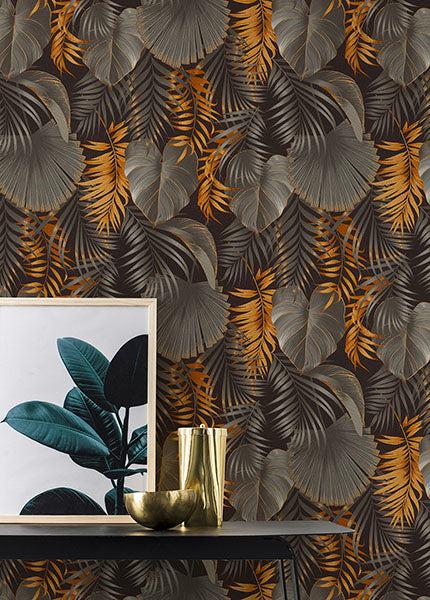 Purchase RH462043 Brewster Wallpaper, Valdivi Black Palm Fronds - Rasch12