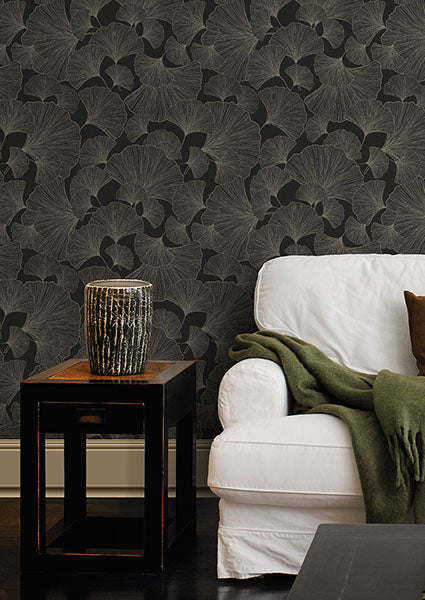 Purchase RH462234 Brewster Wallpaper, Waft Black Ginkgo - Rasch1