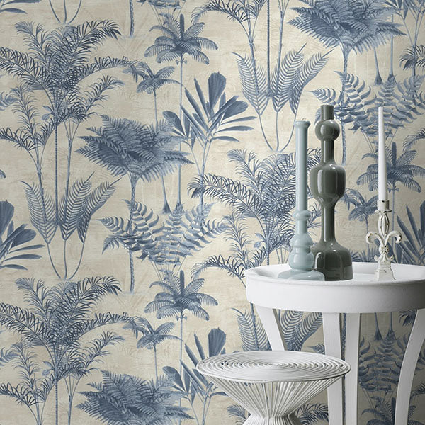Purchase RH555127 Brewster Wallpaper, Kinabalu Blue Rainforest - Rasch1