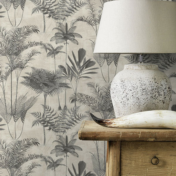 Purchase RH555134 Brewster Wallpaper, Kinabalu Charcoal Rainforest - Rasch1