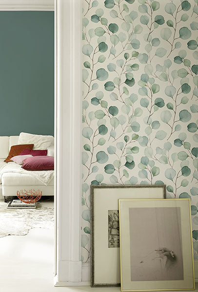 Purchase RH691702 Brewster Wallpaper, Elaina Aqua Watercolor Boughs - Rasch1