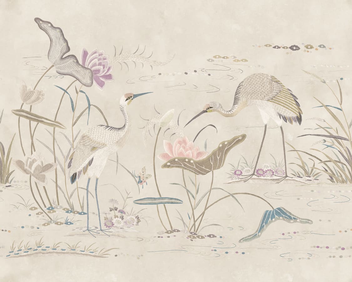 Sandberg Wallpaper pattern name & color Seabirds, Sandstone from the collection Chinoiserie Garden. 
