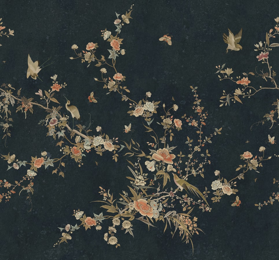 Sandberg Wallpaper pattern name & color Bloom, Midnight Blue from the collection Chinoiserie Garden. 