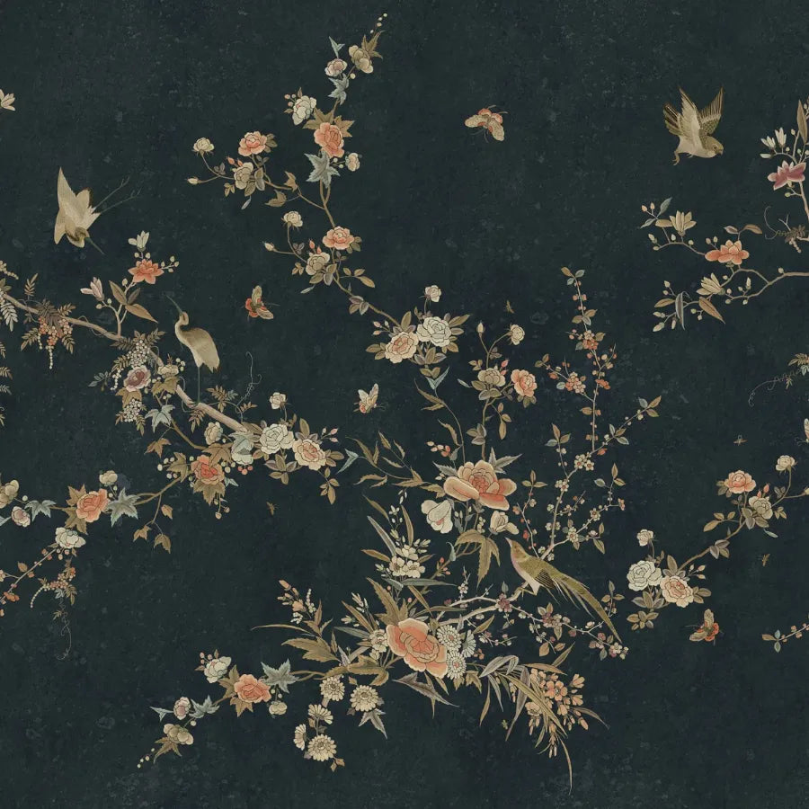 Sandberg Wallpaper Pattern number S10428 pattern name & color Bloom, Midnight Blue from the collection Chinoiserie Garden. 