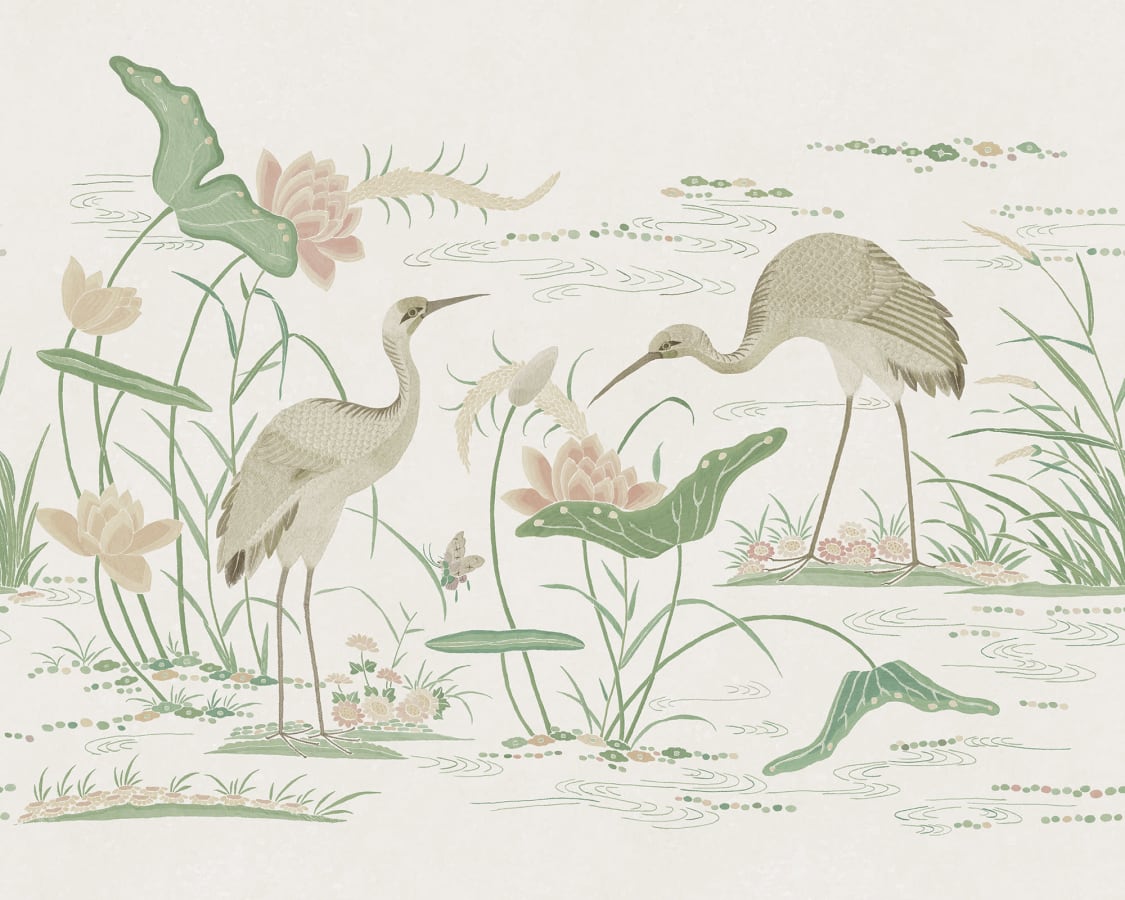 Sandberg Wallpaper pattern name & color Seabirds, Green from the collection Chinoiserie Garden. 