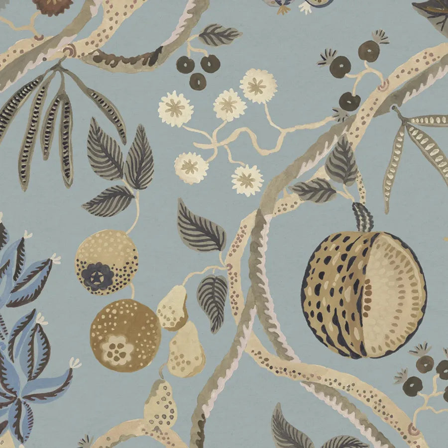 Sandberg Wallpaper Pattern S10580 pattern name & color Tree Of Life Mural, Light Blue from the collection Herbarium. 