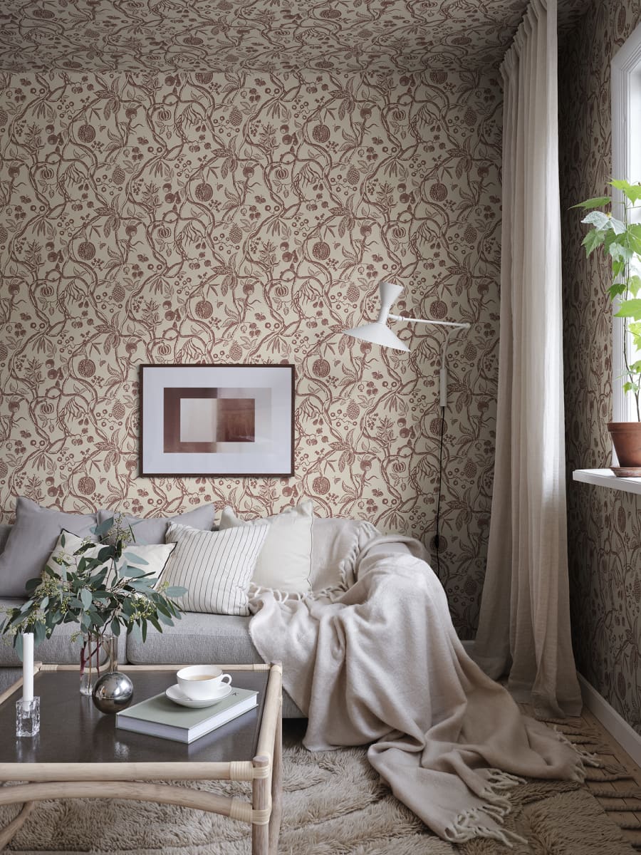Sandberg Wallpaper pattern name & color Tree Of Life, Burgundy from the collection Familjen. 