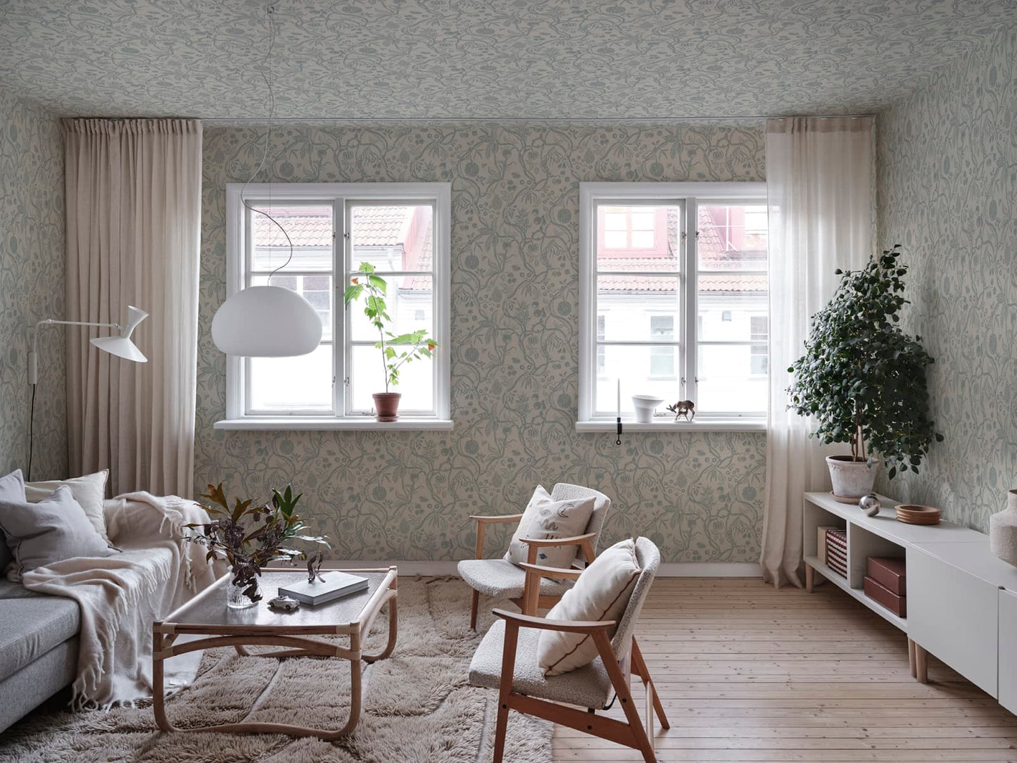 Sandberg Wallpaper pattern name & color Tree Of Life, Light Blue from the collection Familjen. 