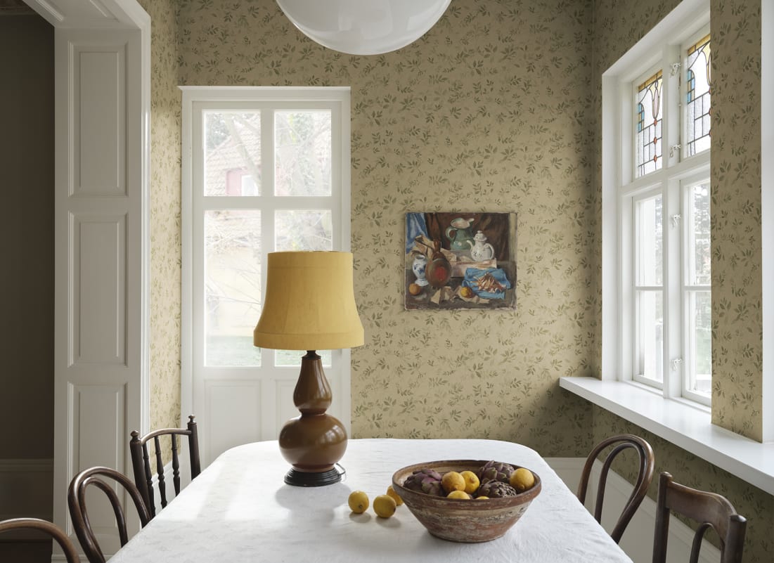 Sandberg Wallpaper pattern name & color Mila, Olive Green from the collection Villa Como. 