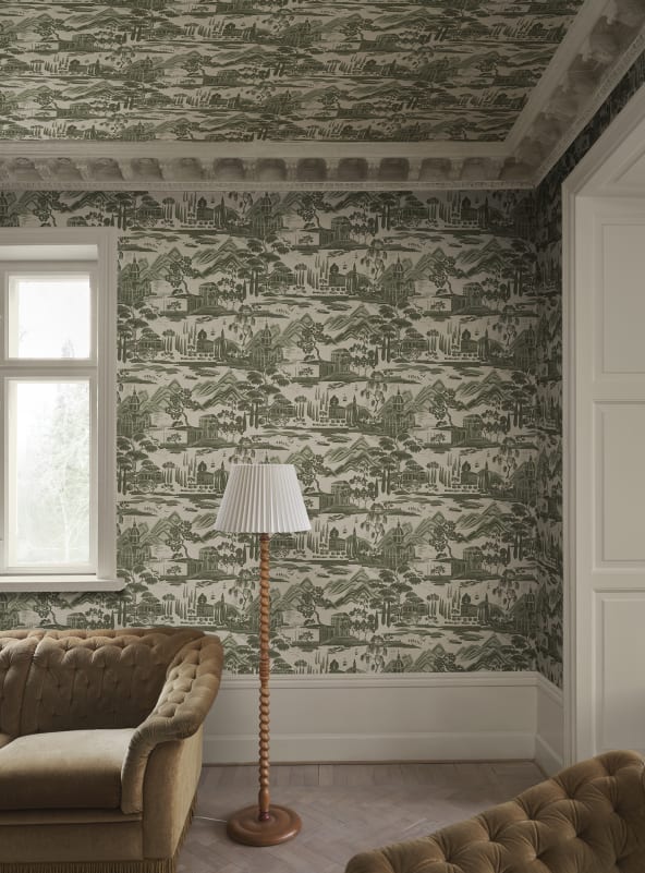 Sandberg Wallpaper pattern name & color Lake Como, Forest Green from the collection Villa Como. 