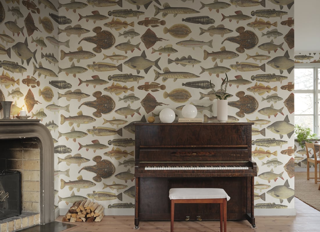 Sandberg Mural pattern name & color Scandinavian Fish, Beige from the collection Sandberg Heritage. 