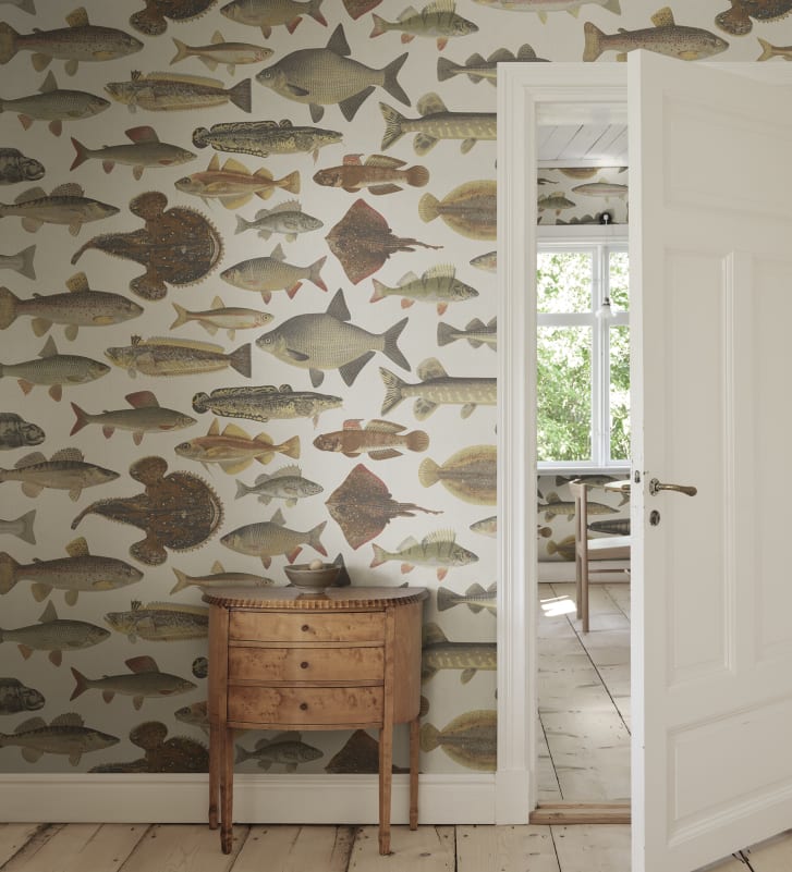 Find Sandberg Mural Pattern# S10728 pattern name & color Scandinavian Fish, Beige. 