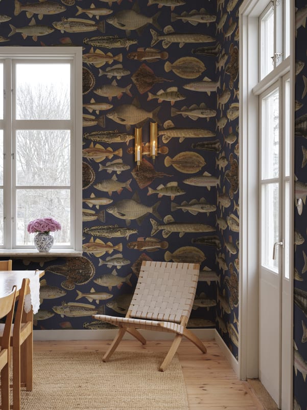 Sandberg Mural pattern name & color Scandinavian Fish, Dark Blue from the collection Sandberg Heritage. 