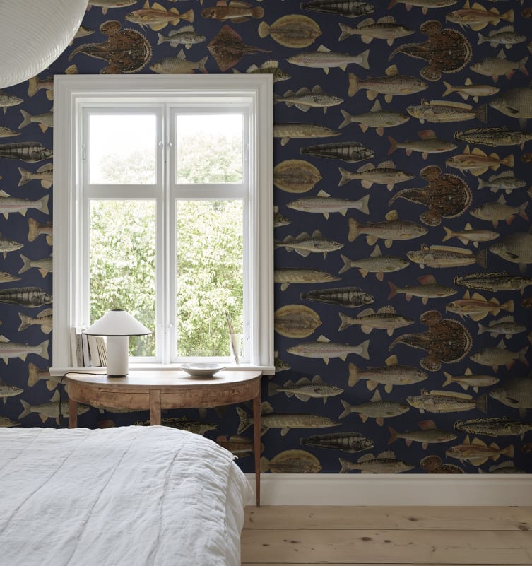 Sandberg Mural SKU S10729 pattern name & color Scandinavian Fish, Dark Blue from the collection Sandberg Heritage. 