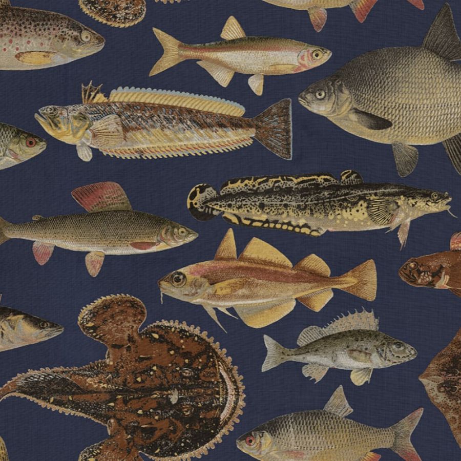 Select Sandberg Mural SKU S10729 pattern name & color Scandinavian Fish, Dark Blue