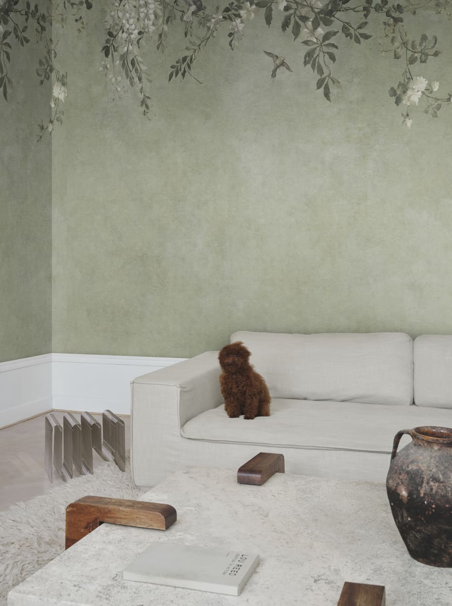 Sandberg Mural Pattern# S10812 pattern name & color Nico, Sage Green from the collection Villa Como. 