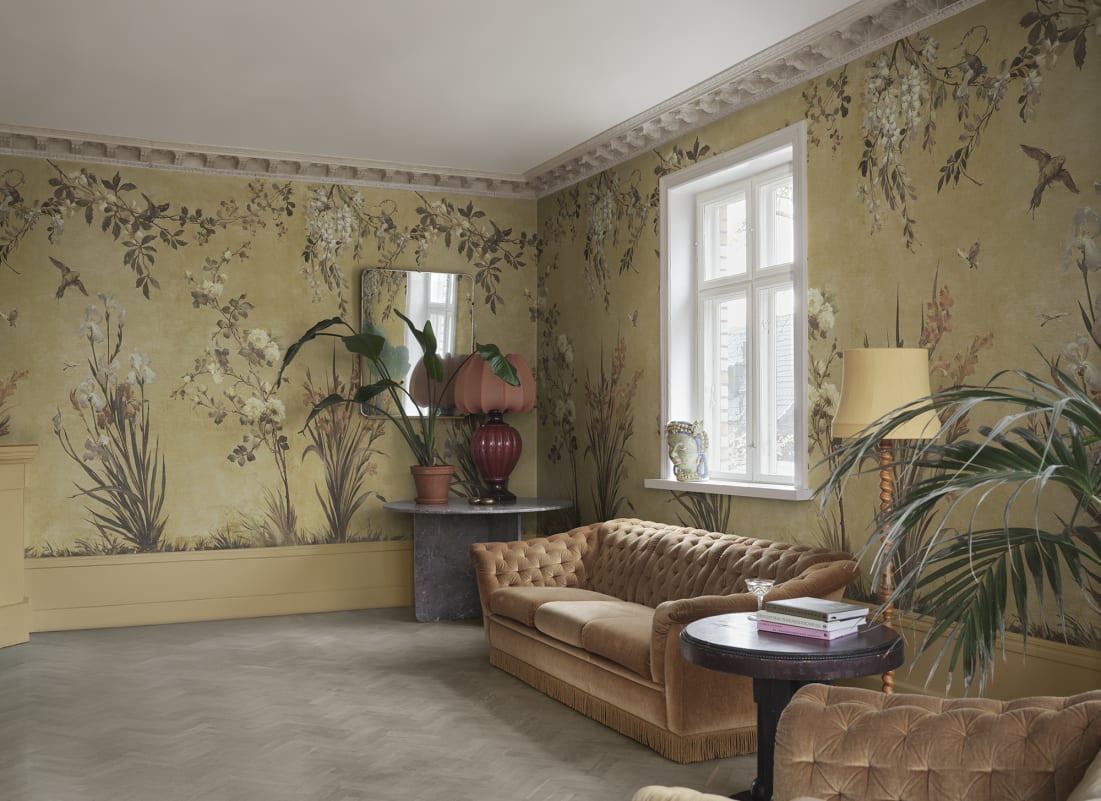 Sandberg Mural Item# S10814 pattern name & color Nicola, Yellow from the collection Villa Como. 