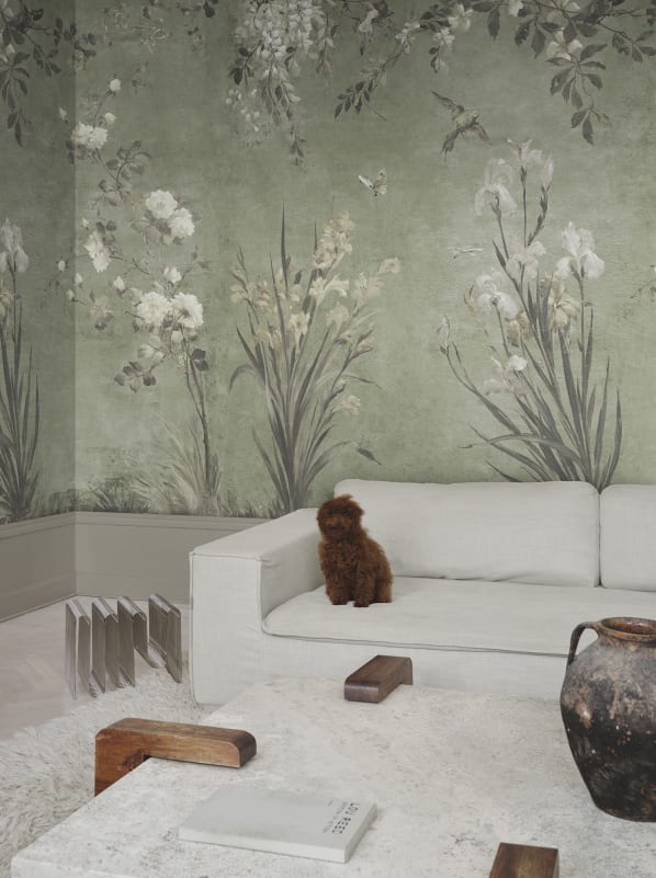 Sandberg Mural Product S10815 pattern name & color Nicola, Sage Green from the collection Villa Como. 