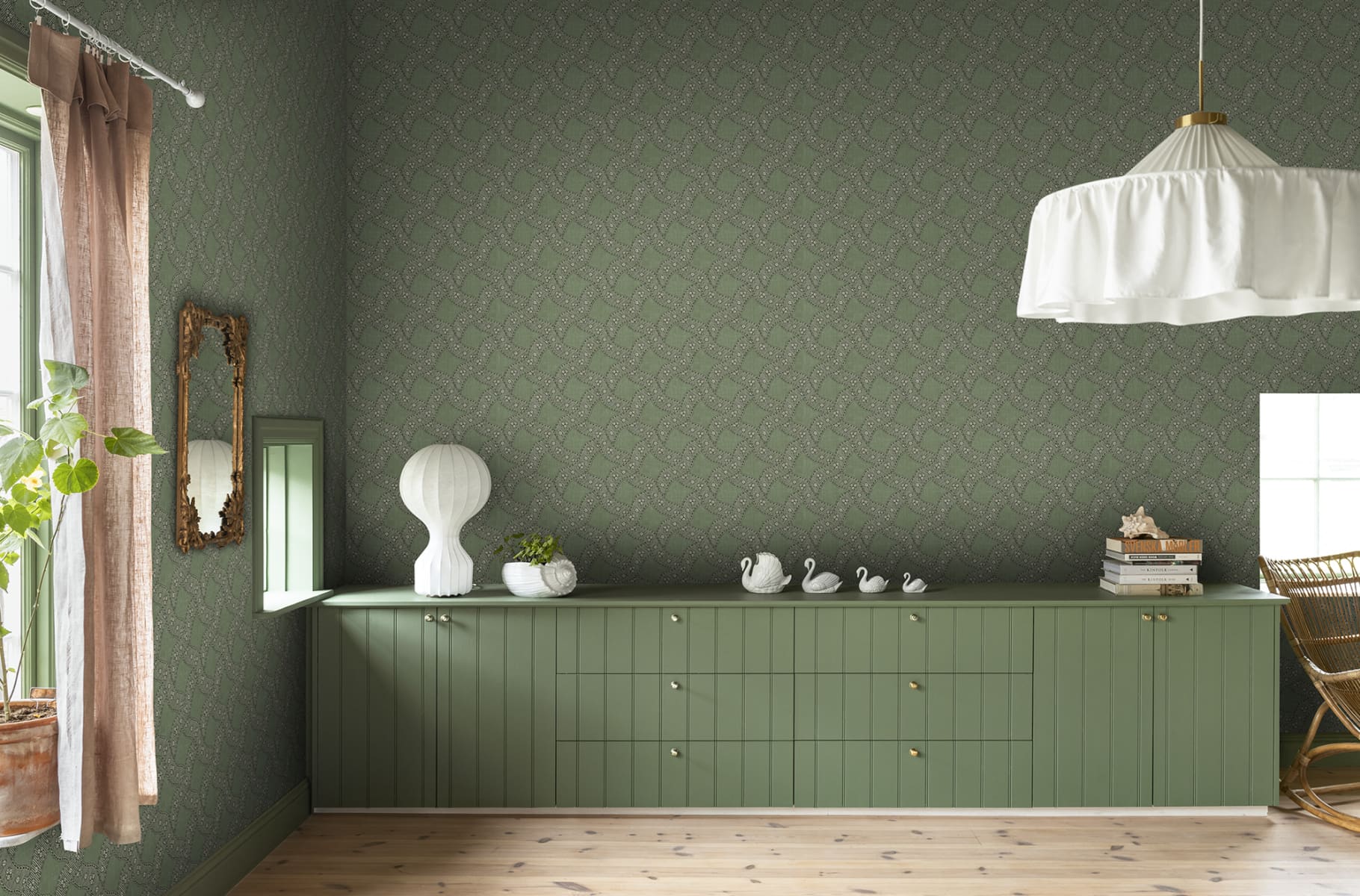 Sandberg Wallpaper pattern name & color Annie, Green from the collection Rosa & Friends. 