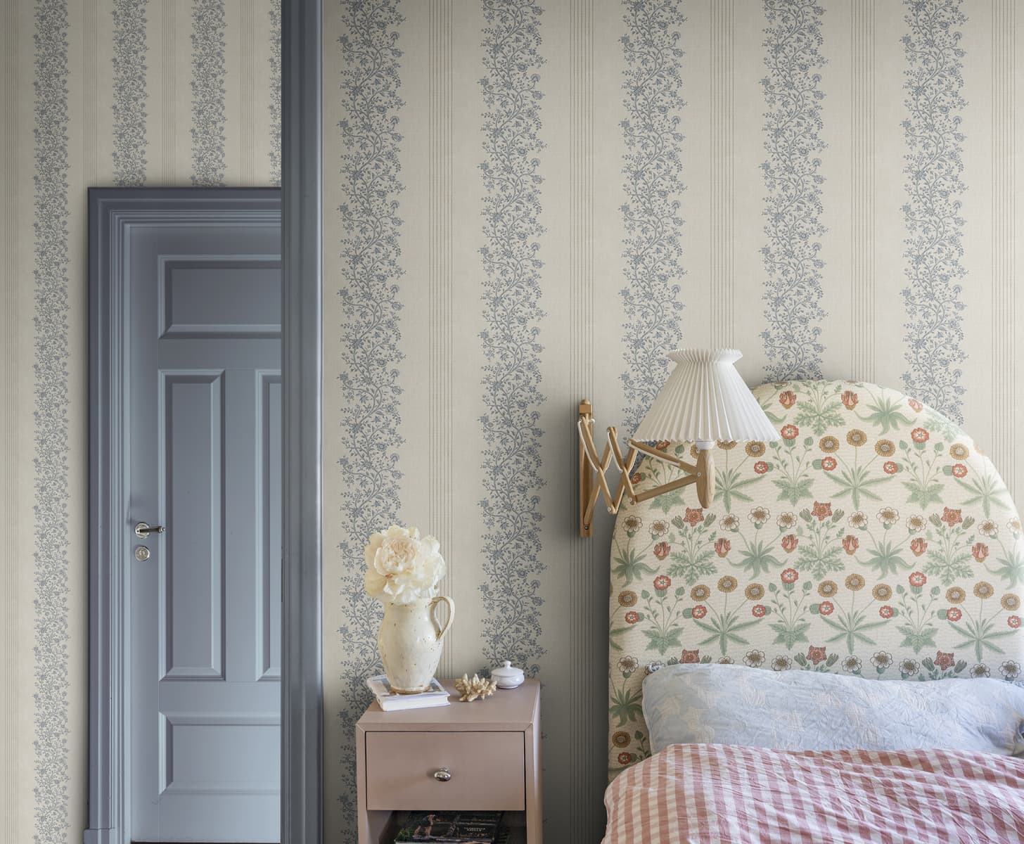 Sandberg Wallpaper Pattern# S10823 pattern name & color Natalie, Blue from the collection Rosa & Friends. 