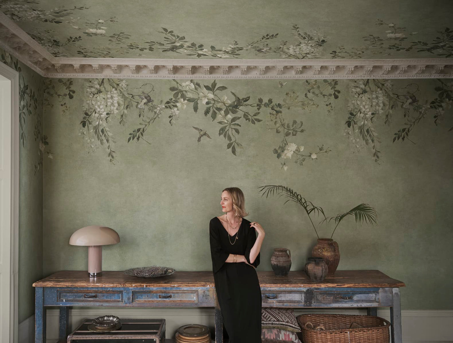 Sandberg Mural pattern name & color Luca Rectangle, Sage Green from the collection Villa Como. 