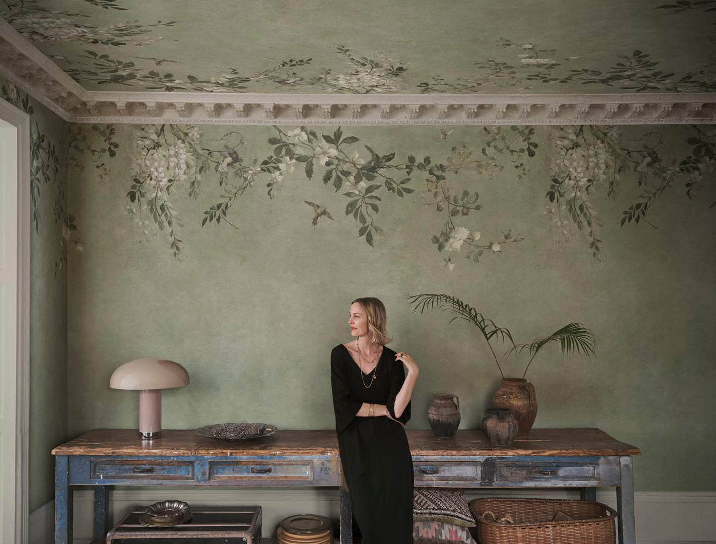 Sandberg Mural pattern name & color Luca Square, Sage Green from the collection Villa Como. 