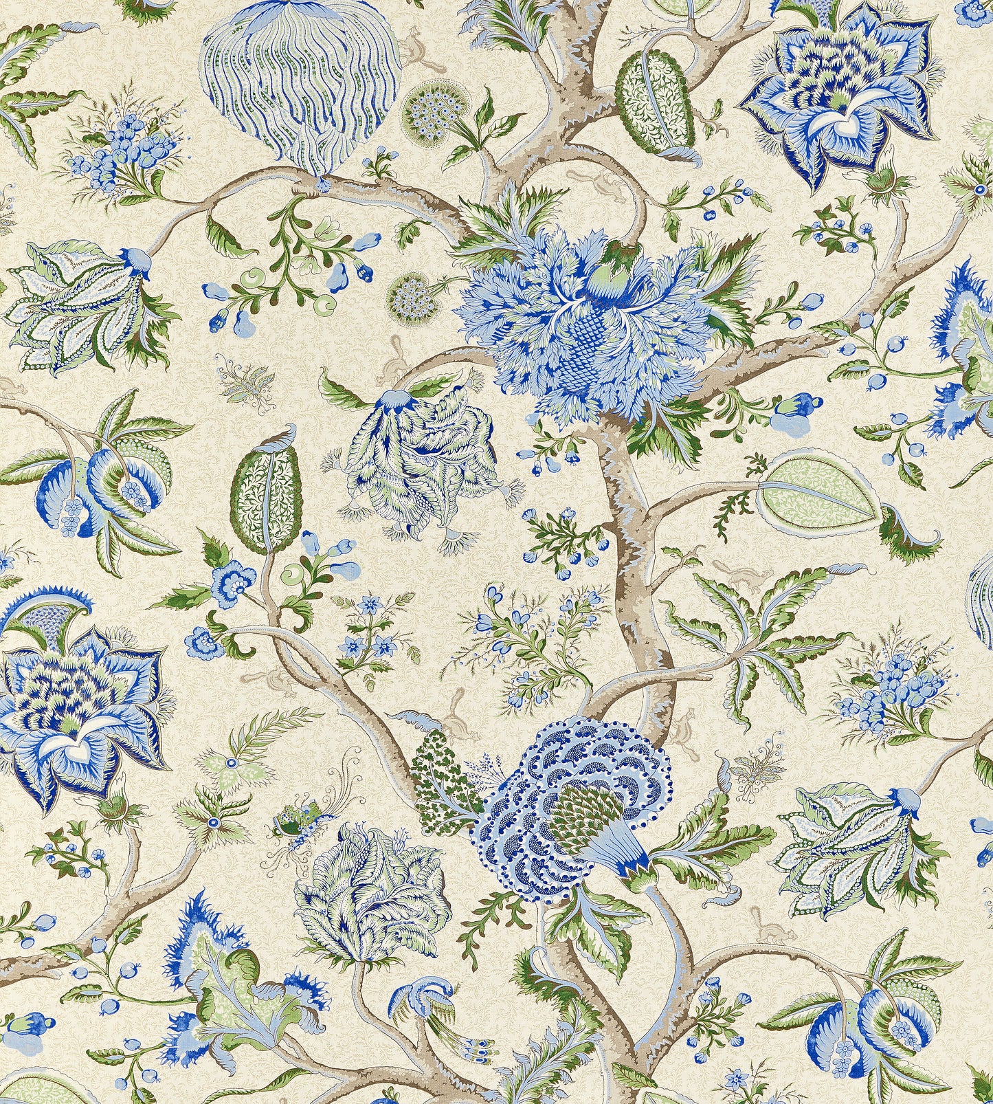 Purchase Scalamandre Fabric SKU SC 000316430, Pondicherry Cotton Print Blue, Green On Cream 1