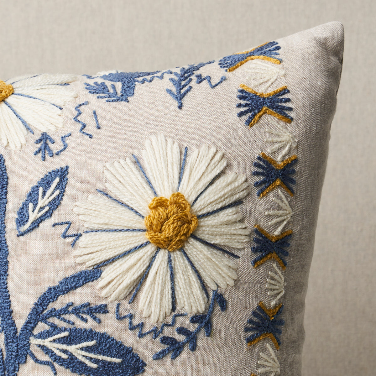 Purchase So7233205 | Marguerite Embroidery Pillow, Blue & Ochre - Schumacher Pillows