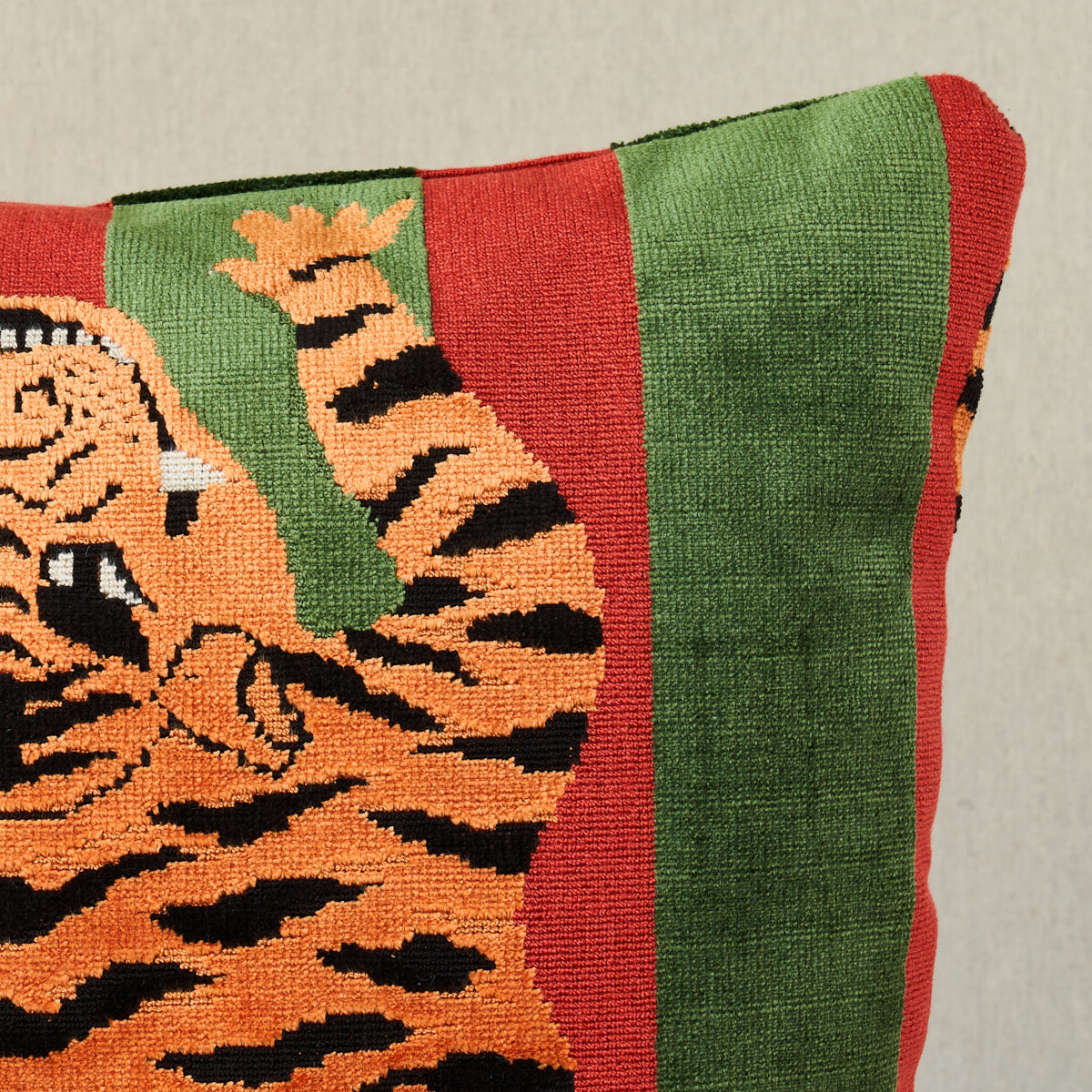 Purchase So7723504 | Jokhang Tiger Velvet Pillow, Red & Green - Schumacher Pillows