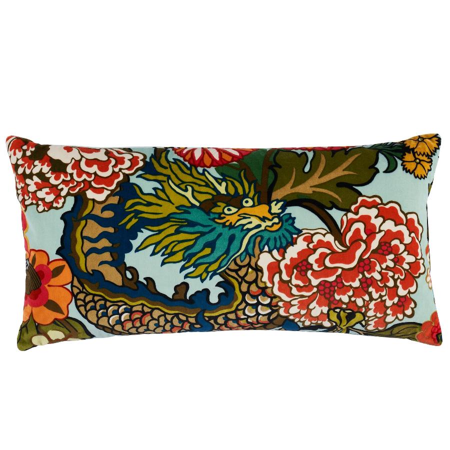 So8117018 | Chiang Mai Dragon Velvet Pillow, Aquamarine - Schumacher Pillows