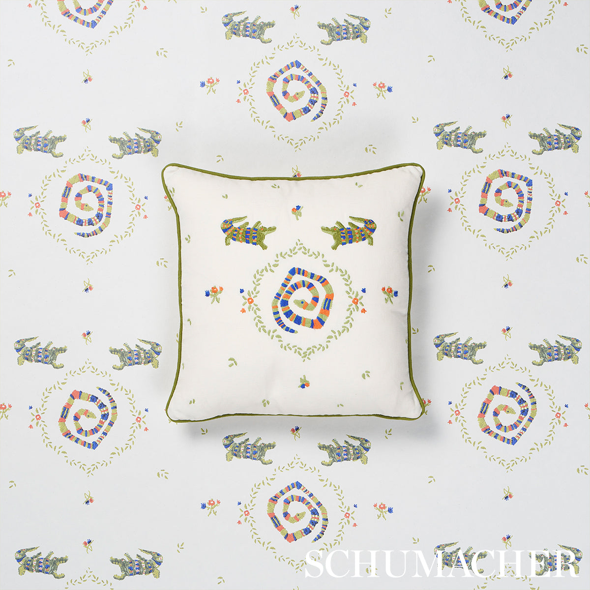 Purchase So8454003 | Reptilia Embroidery Pillow, Bright Multi On Ivory - Schumacher Pillows