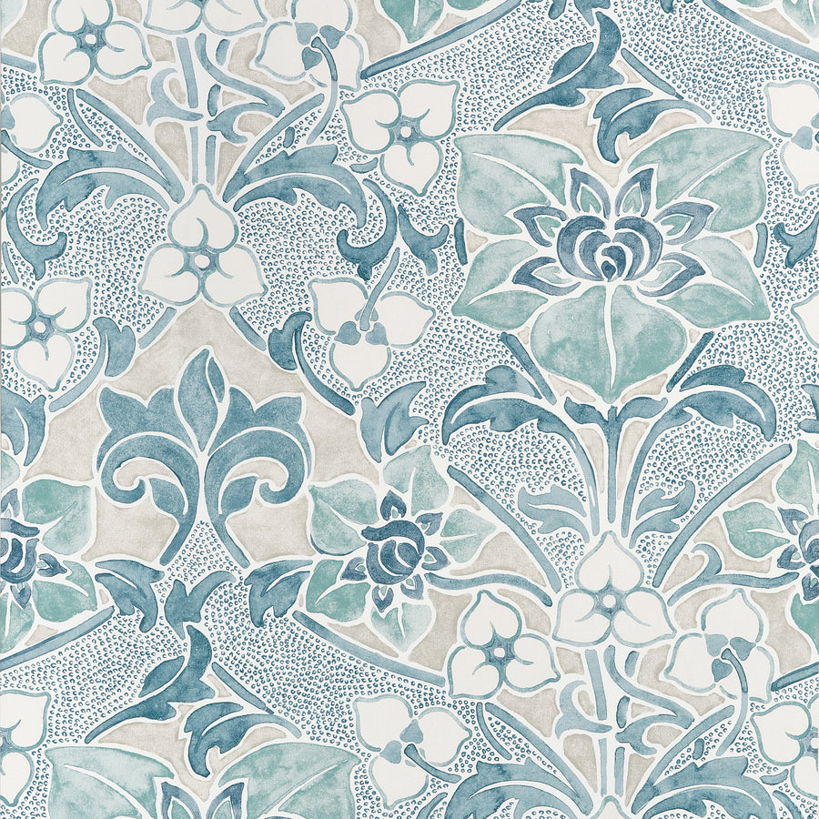 Find Thibaut Wallpaper Item T14604 pattern name Woodford color name Spa Blue.