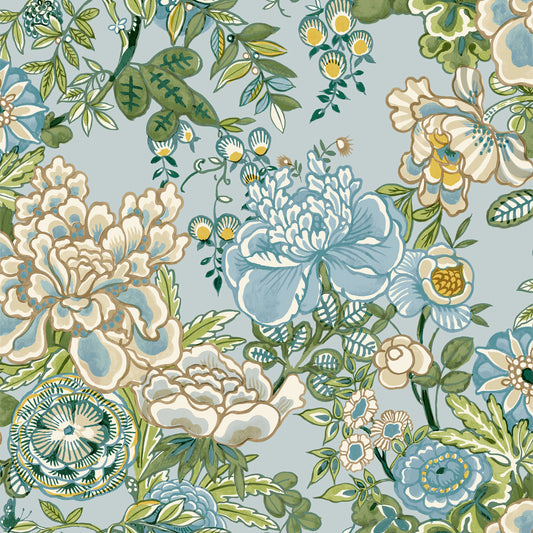Purchase Thibaut Wallpaper Product T42020 pattern name Peony Garden color Spa Blue. 
