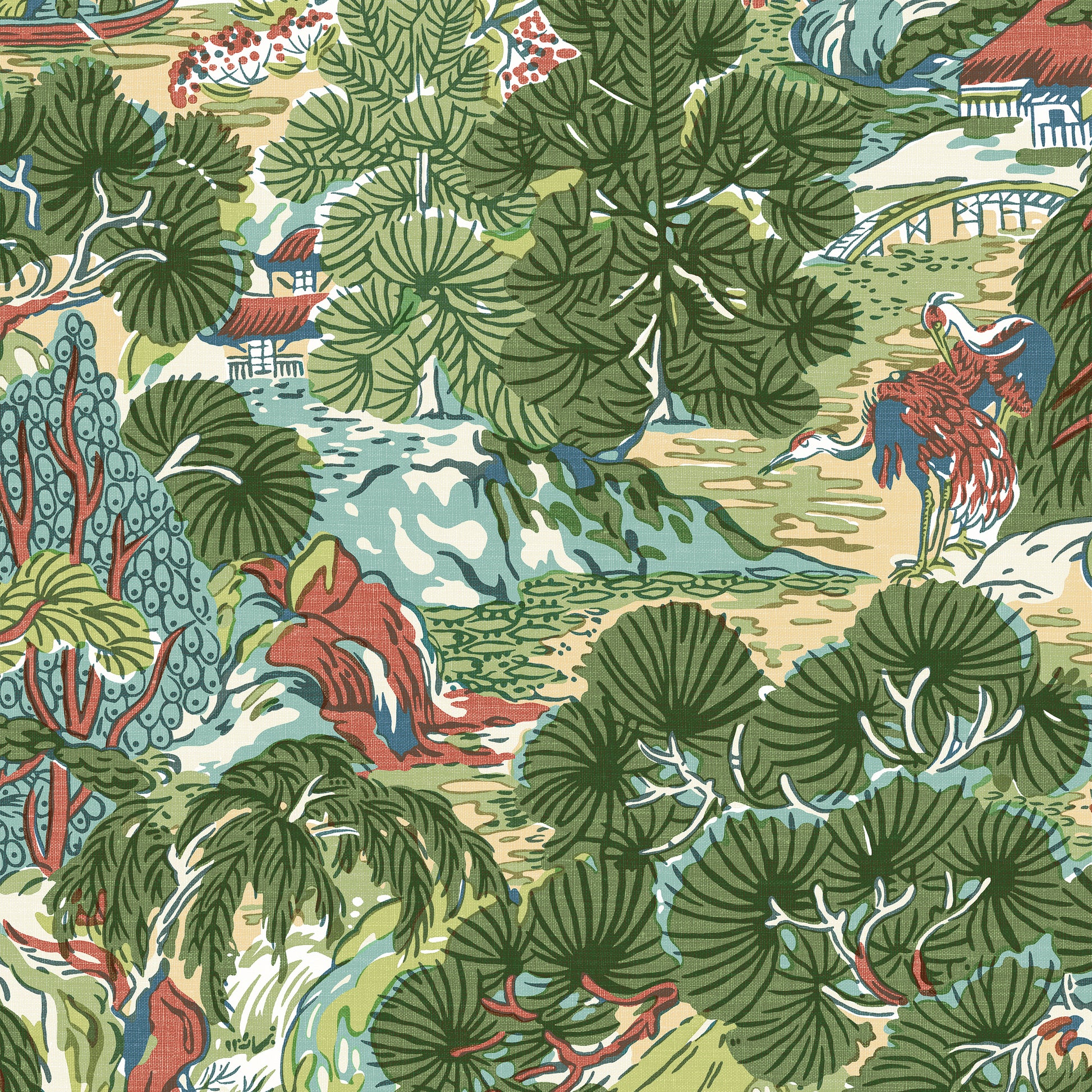 Purchase Thibaut Wallpaper Item T42022 pattern name Pagoda Trees color Coral and Green. 