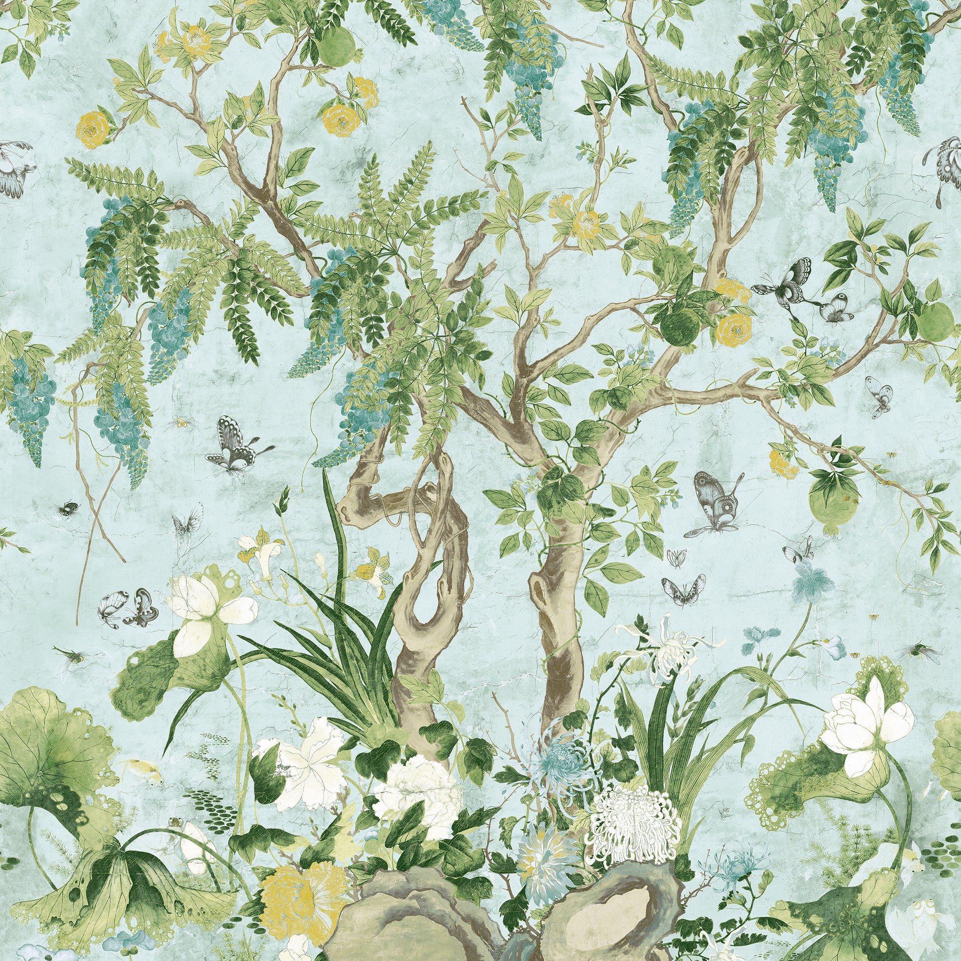 Purchase Thibaut Wallpaper Pattern# TM42054 pattern name Wild Wisteria Mural color Spa Blue. 