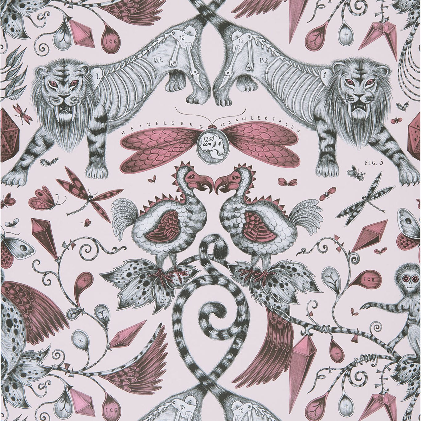 Sample W0100/05 Extinct Pink Animals Clarke And Clarke Wallpaper
