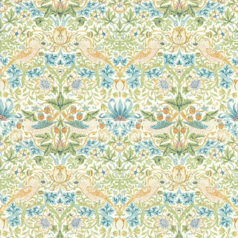 Sample - W0171/01.Cac.0 | Strawberry Thief, Green Animals - Clarke And Clarke Wallpaper