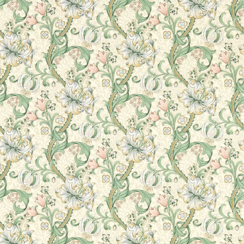 Sample - W0174/01.Cac.0 | Golden Lily, Green Damask - Clarke And Clarke Wallpaper