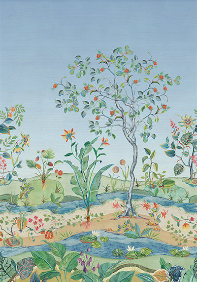 Purchase Sample - W7817-03 Rhapsody Mythica Mural Azure Grasscloth. Osborne & Little Wallpaper